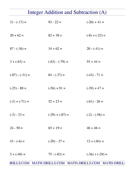 Integer Addition and Subtraction [A] Worksheet