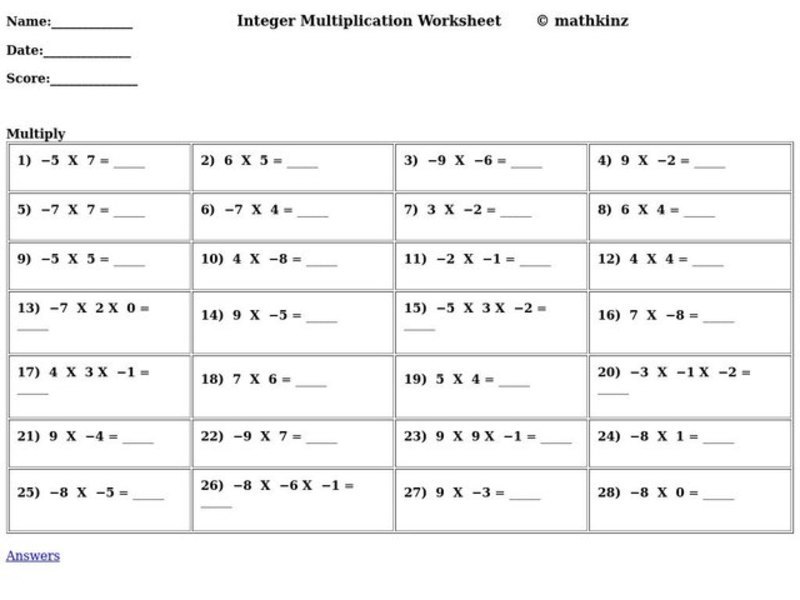 Integer Multiplication Worksheet
