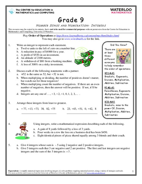 Integers Worksheet