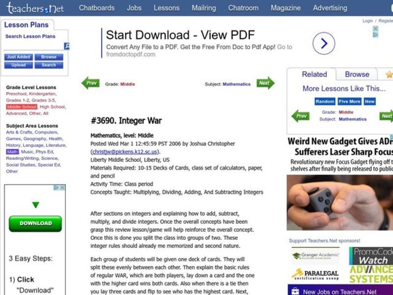 Integer War Lesson Plan