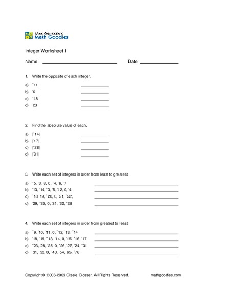 Integers Worksheet
