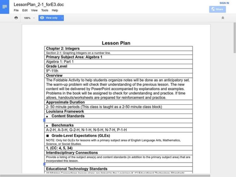 Integers Lesson Plan
