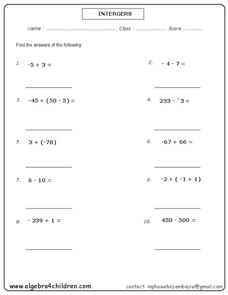 Integers: Problem Solving Worksheet