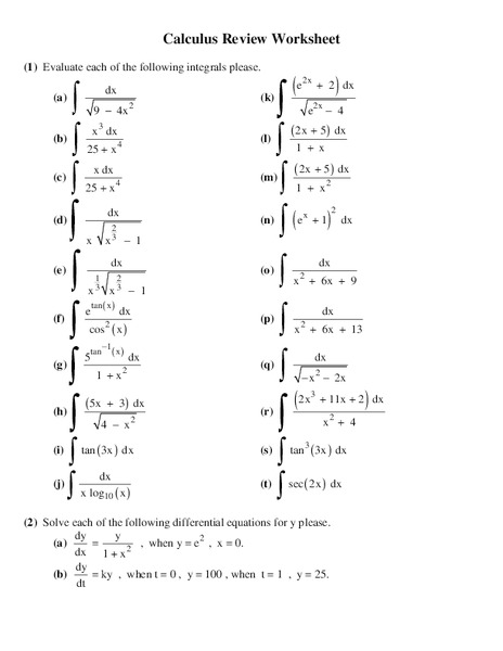 Integrals Worksheet