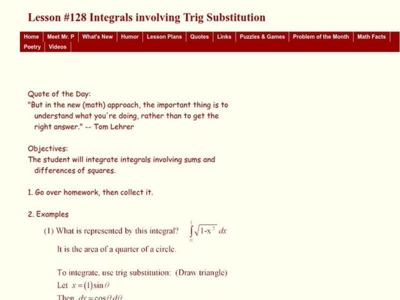 Integrals involving Trig Substitution Lesson Plan