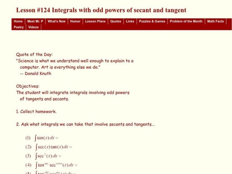 Integrals with odd powers of secant and tangent Lesson Plan