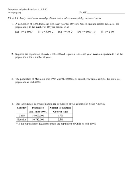 Integrated Algebra Practice: Exponential Growth Worksheet