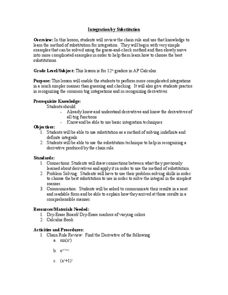 Integration by Substitution Lesson Plan