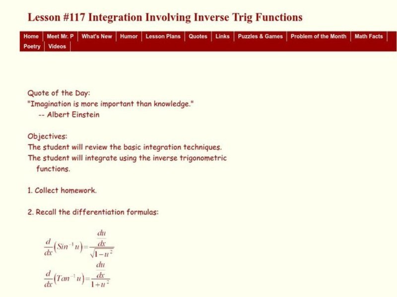 Integration Involving Inverse Trig Functions Lesson Plan