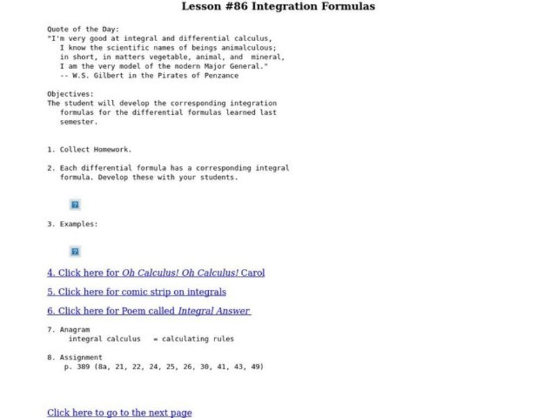 Integration Formulas Lesson Plan