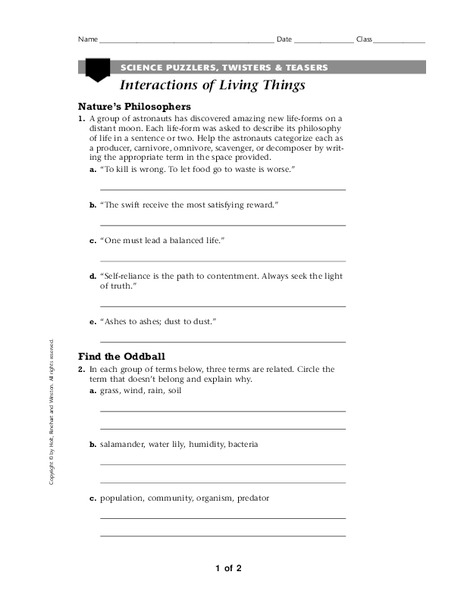 Interactions of Living Things Worksheet