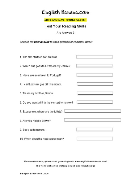 Interactive Worksheets: Test Your Reading Skills Worksheet