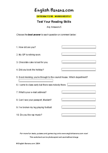 Interactive Worksheets: Test Your Reading Skills Worksheet