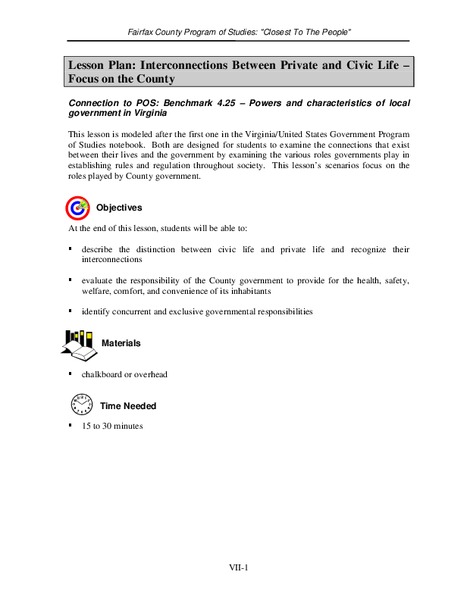 Interconnections Between Private and Civic Life -- Focus on the County Lesson Plan