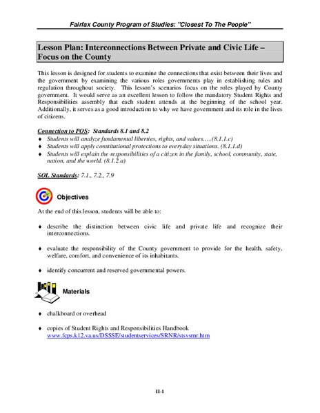 Interconnections Between Private and Civic Life -- Focus on the County Lesson Plan