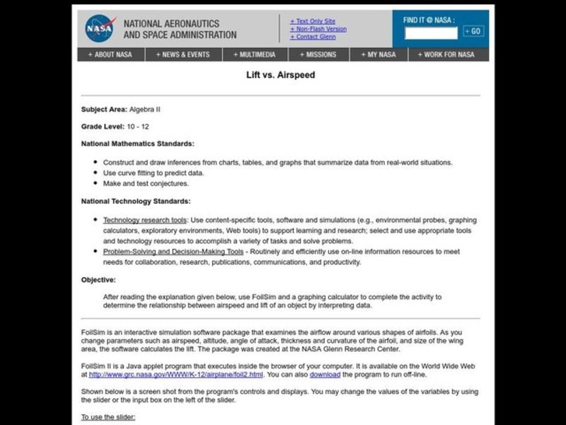 Lift vs. Airspeed Lesson Plan
