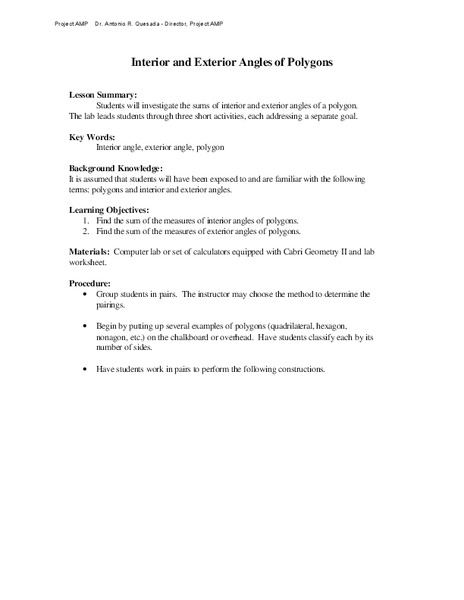 Interior and Exterior Angles of Polygons Lesson Plan