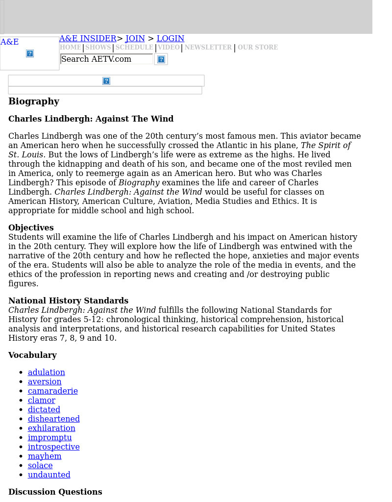 Charles Lindbergh: Against The Wind Lesson Plan