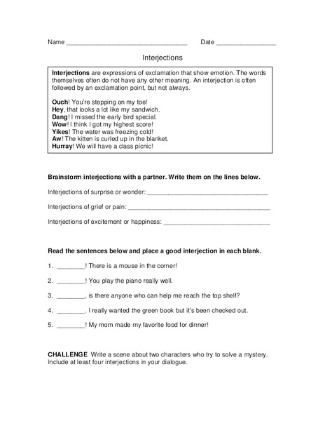 Interjections Worksheet