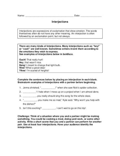 Interjections Worksheet