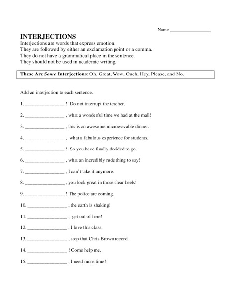 Interjections Worksheet