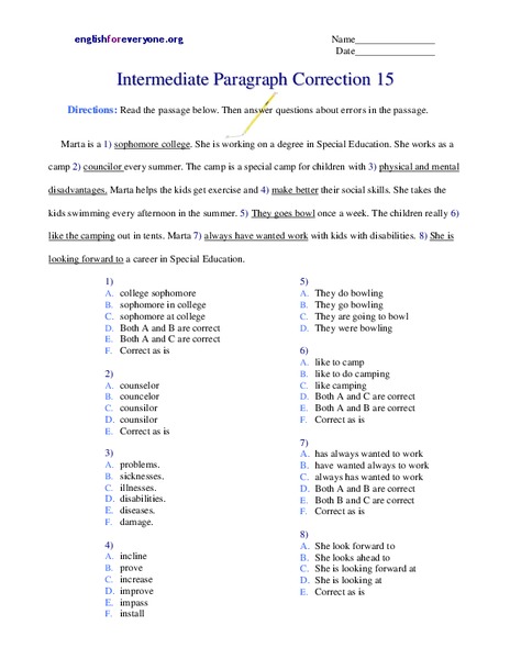Intermediate Paragraph Correction Worksheet