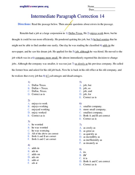 Intermediate Paragraph Correction Worksheet
