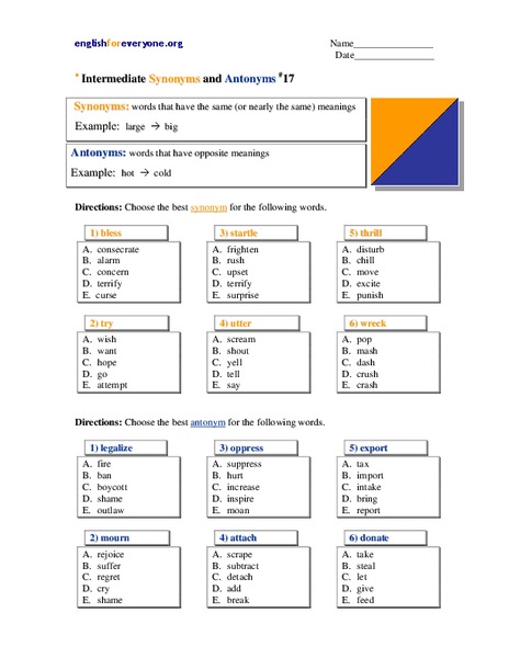 Intermediate Synonyms and Antonyms #17 Worksheet