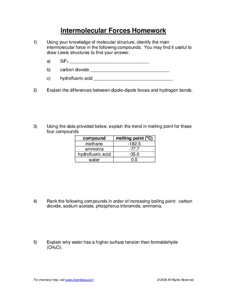 Intermolecular Forces Worksheet