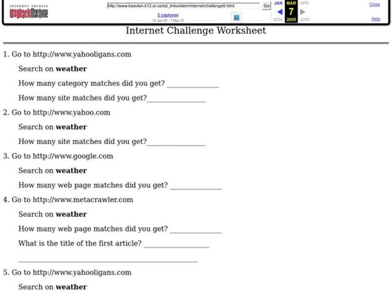 Internet Challenge Worksheet Lesson Plan
