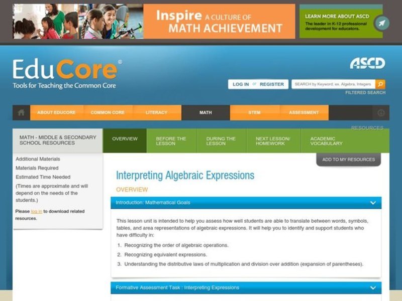 Interpreting Algebraic Expressions Lesson Plan