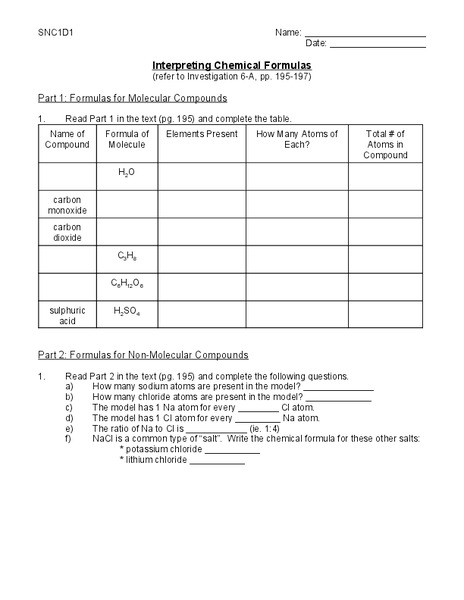 Interpreting Chemical Formulas Worksheet