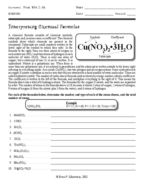 Interpreting Chemical Formulas Worksheet