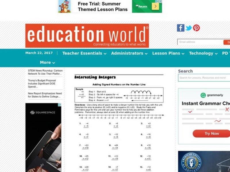 Interesting Integers Lesson Plan