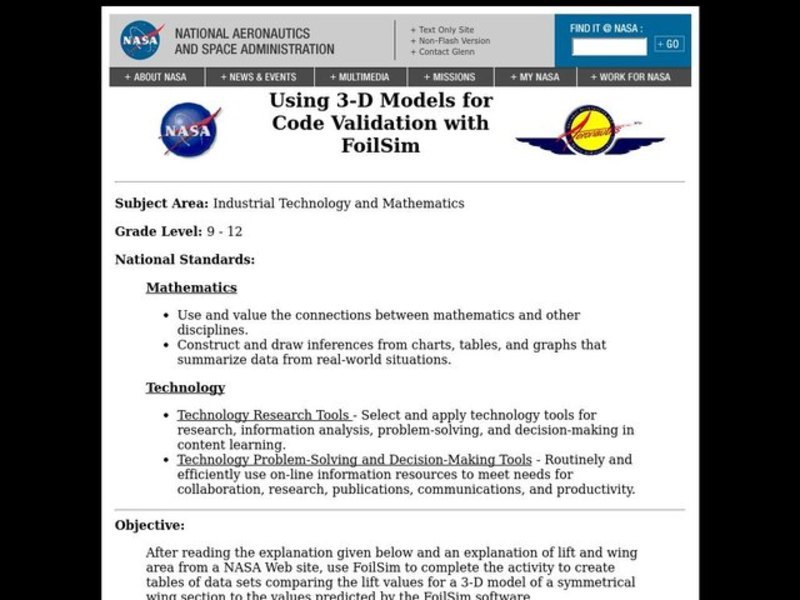 Using 3-D Models for Code Validation with FoilSim Lesson Plan