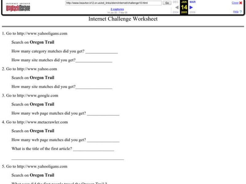 Internet Challenge Worksheet Lesson Plan