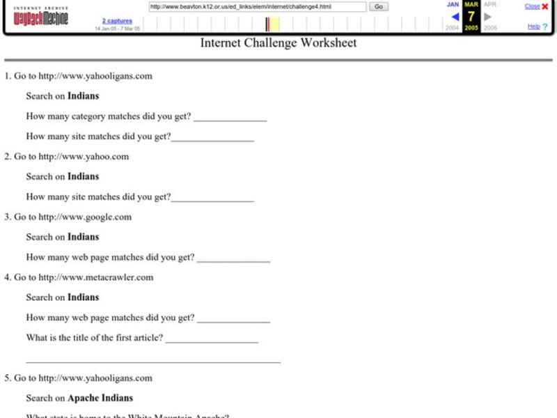 Internet Challenge Worksheet Worksheet