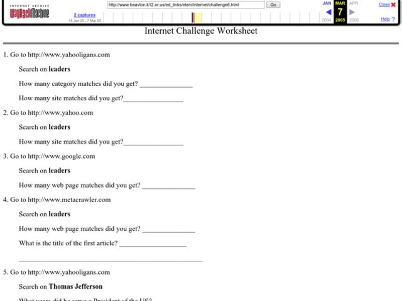 Internet Challenge Worksheet Lesson Plan