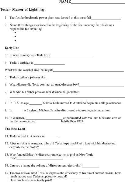 Nikola Tesla documentary student worksheet Fill-in-the-blank
