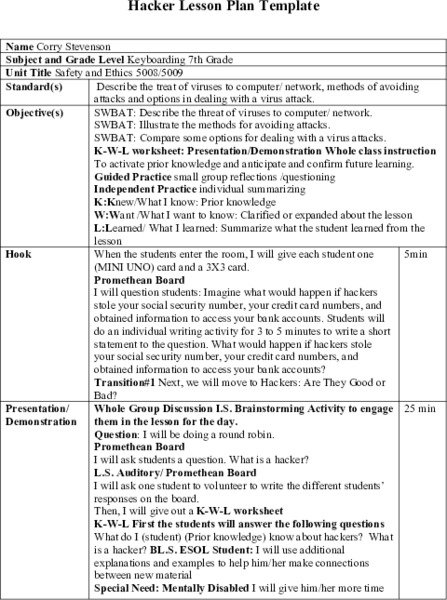 Hackers Lesson Plan Template Activity