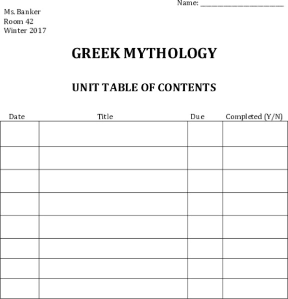 Greek Mythology_Table_of_Contents Printables