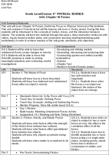 Forces: Physical Science Unit Plan