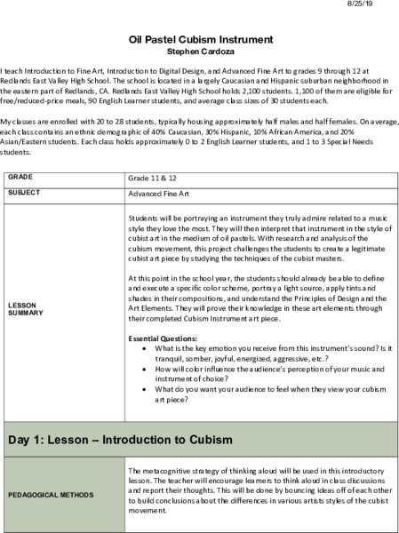 Cubism Instrument in Oil Pastels Lesson Plan