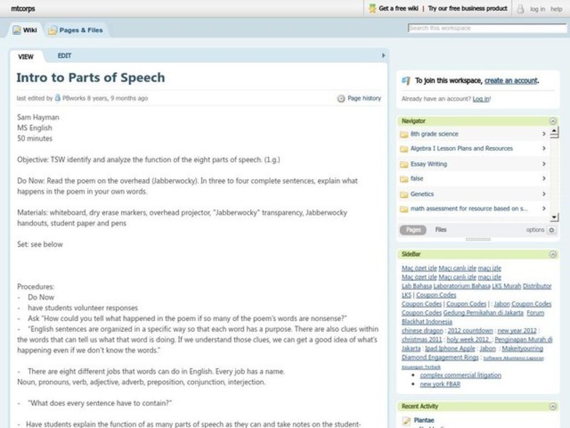 Intro to Parts of Speech Lesson Plan