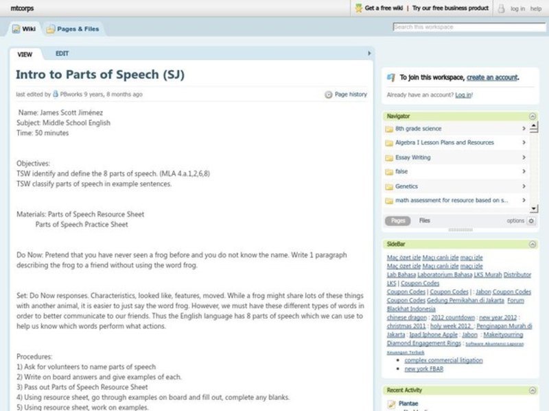 Intro to Parts of Speech Lesson Plan