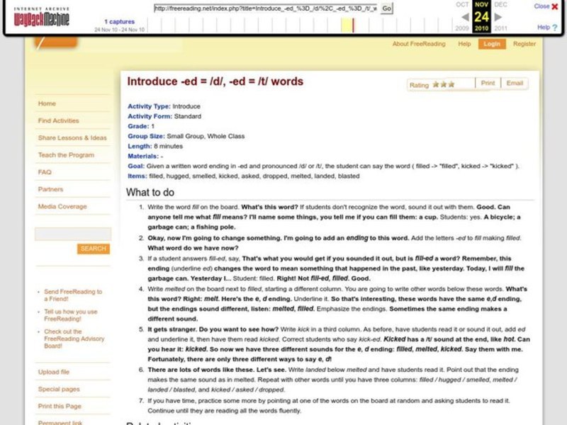 Introduce -ed = /d/, -ed = /t/ words Lesson Plan