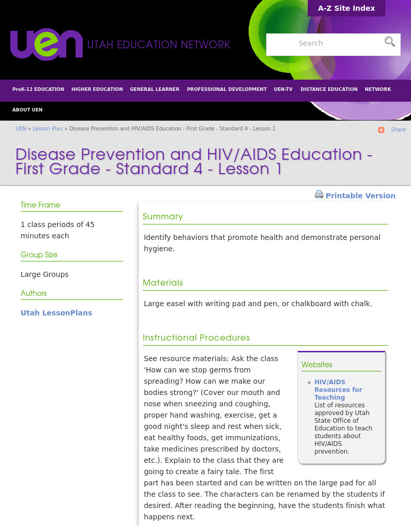 Disease Prevention and HIV/AIDS Education - First Grade Lesson Plan