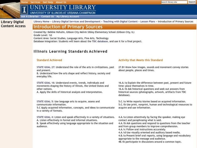 Introduction of Primary Sources Lesson Plan