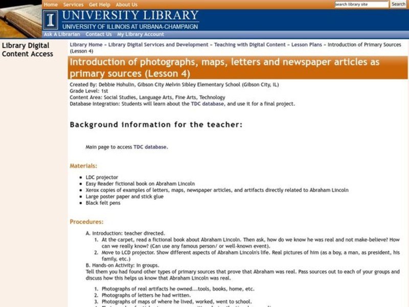 Introduction of Primary Sources Lesson Plan