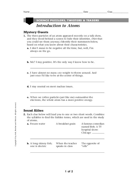 Introduction to Atoms Worksheet